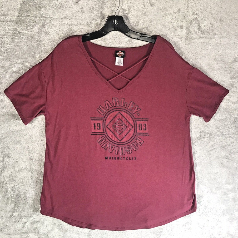 Harley Davidson Womens Shirt Size Medium V-Neck Criss Cross Appleton Wisconsin